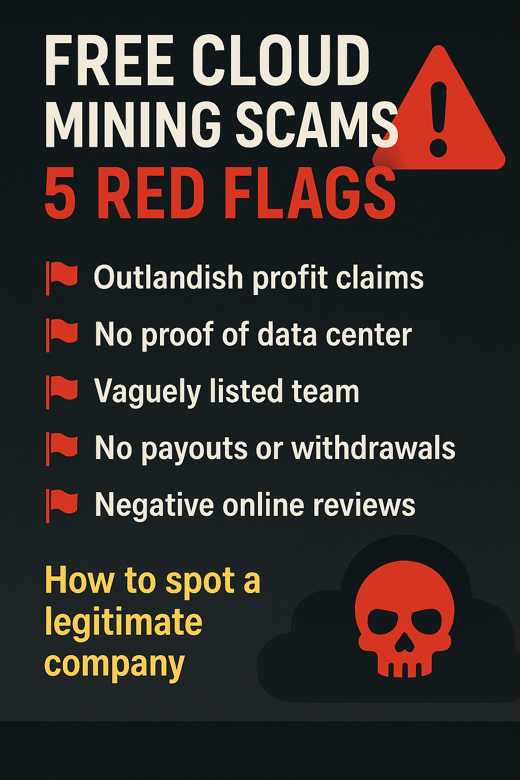 Free Cloud Mining Scams — 5 Red Flags Free Cloud Mining Scam Red Flags infographic with five warning signs